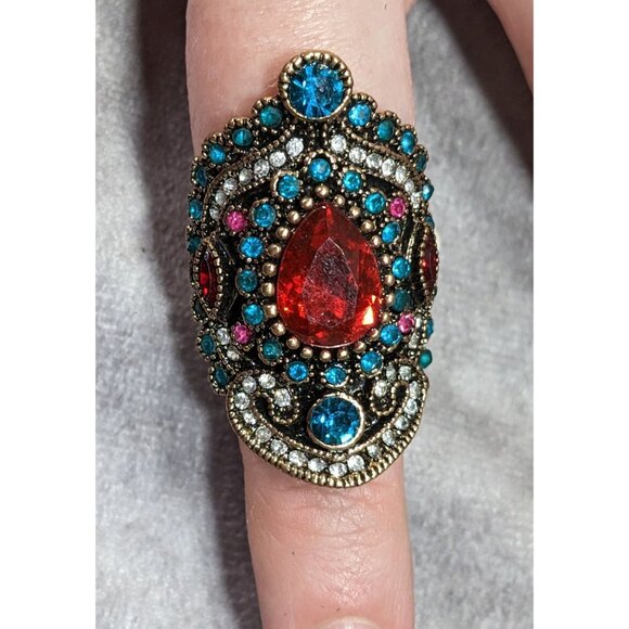 Bohemian Glam Red And Blue Gemmed Cocktail Ring - Picture 7 of 7